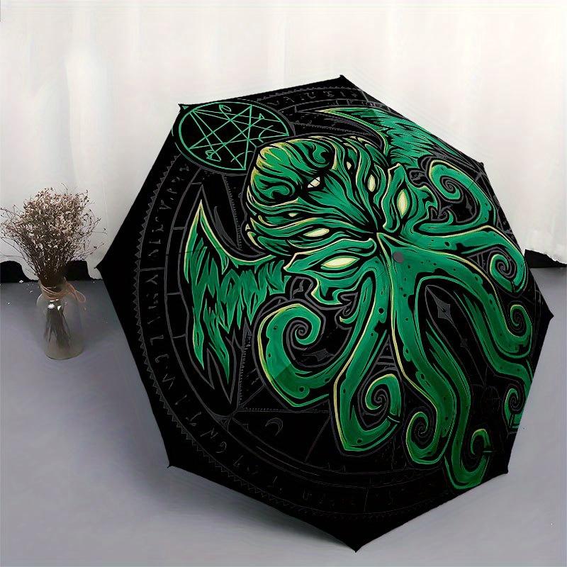 Green Cthulhu Mythos Tattoo Design StickerUmbrella with Cute Design, Portable 3-Fold Compact Umbrella for Men & Women, Valentine's Day Mother's Day Ha