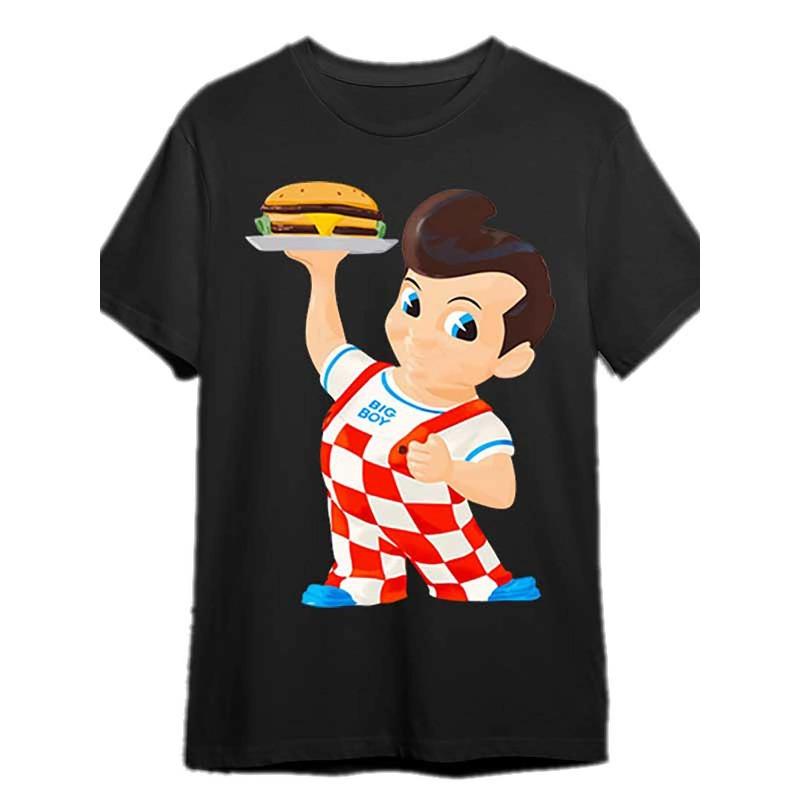 Мужская ретро-футболка Bob Big Boy Burger - Оверсайз черная футболка с принтом бургера, короткий рукав, круглый вырез, повседневная рубашка, подходит для тематических вечеринок