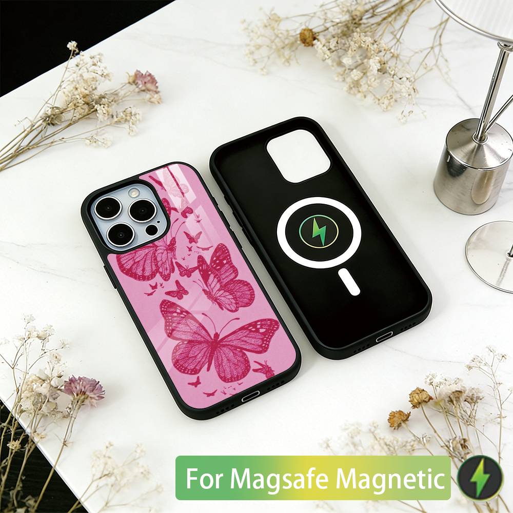 Pink Butterfly Pattern Phone Case For iPhone17,16,15,14,13,12,11 Plus,Pro Magnetic For Magsafe Wireless Charging