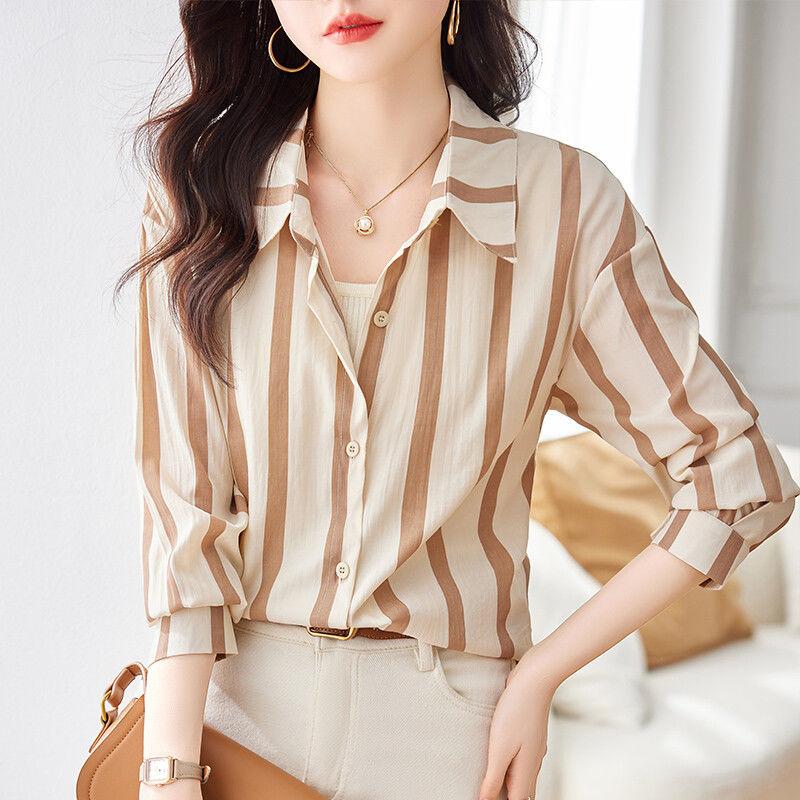 Commute Korean Striped Shirt Women's Clothing Casual Loose Single-breasted Spring Summer Fashion Polo-Neck All-match Blouse