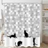 Cute Cat Shower Curtain,Funny Black Cat White Mosaic Bathroom Accessory Set,Black Fun Silhouette Shower Curtain Polyester Fabr