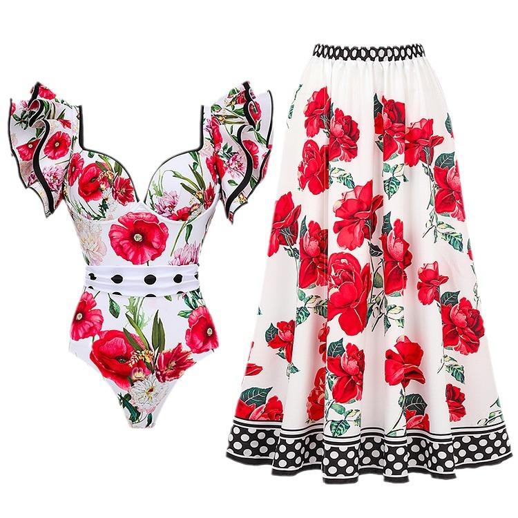 New Sexy One-piece Swimsuit Women's Printed Two-piece Chiffon Skirt Swimsuit Set
