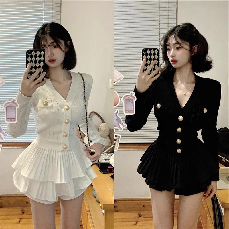 Chic V-neck Knit Cardigan & Midi Skirt Set - Women's Two-piece Outfit