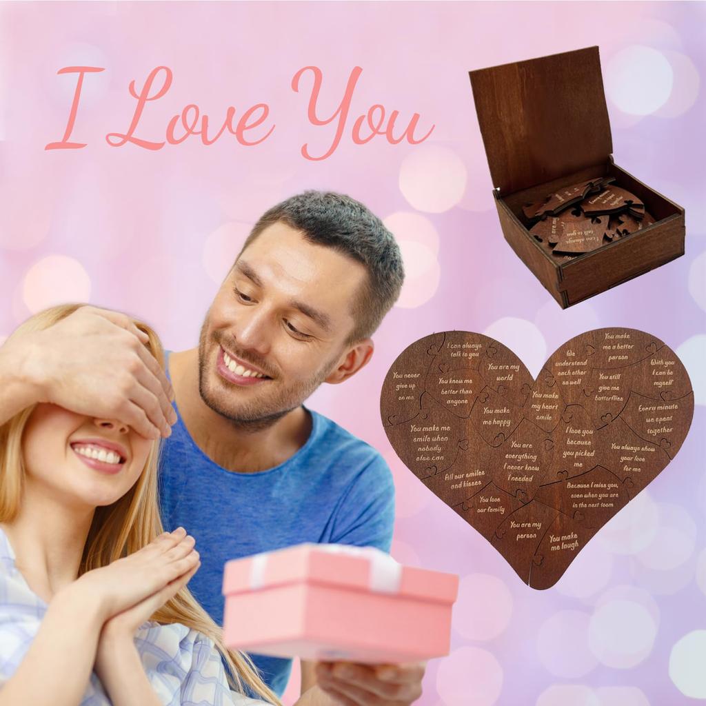 20 Reasons Why I Love You Heart Jigsaw Romantic Heart Wooden Jigsaw W/ Gift Box for Him Her Valentines Anniversary Wedding Gift