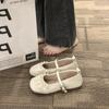 French Pearl Shallow Mouth Mary Jane Shoes Girl 2025 New Fairy Style Large Size 45 One-word Buckle Flat Beanie Shoes
