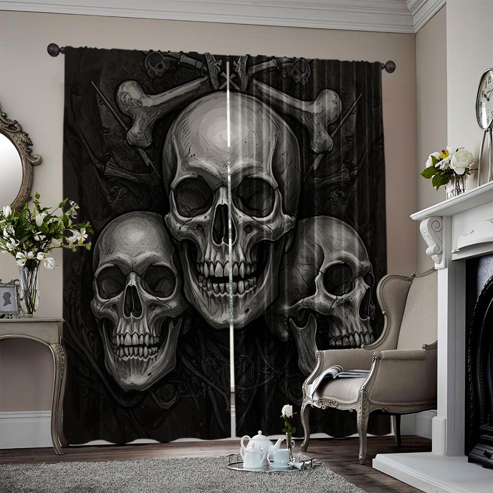 2pcs, 2D flat Window Treatment Curtains Gothic Triple Skull Versatile Polyester,Without Electricity Family Party Decoration