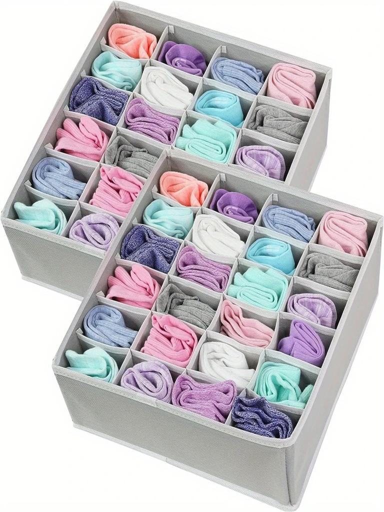 1 Piece Gray Fabric Storage Box with 24 Compartments - Foldable and Stackable Socks, Tie and Intimates Storage Box - Space-Saving Drawer Divider