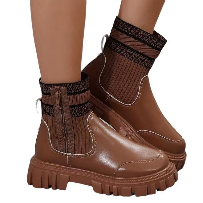 New In Stock Thick Soled Round Toe Elastic Knitted Spliced  Boots for Women European and American Plus Size Warm Socks Boots