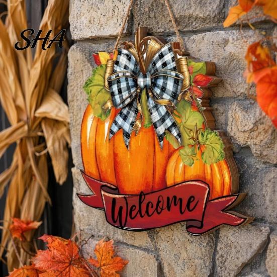 Bright Color Pumpkin Pendant Fall Welcome Sign, Thanksgiving Door Hanger, Wooden Decor Weather-resistant Sign Hanging Porch for Autumn Harvest