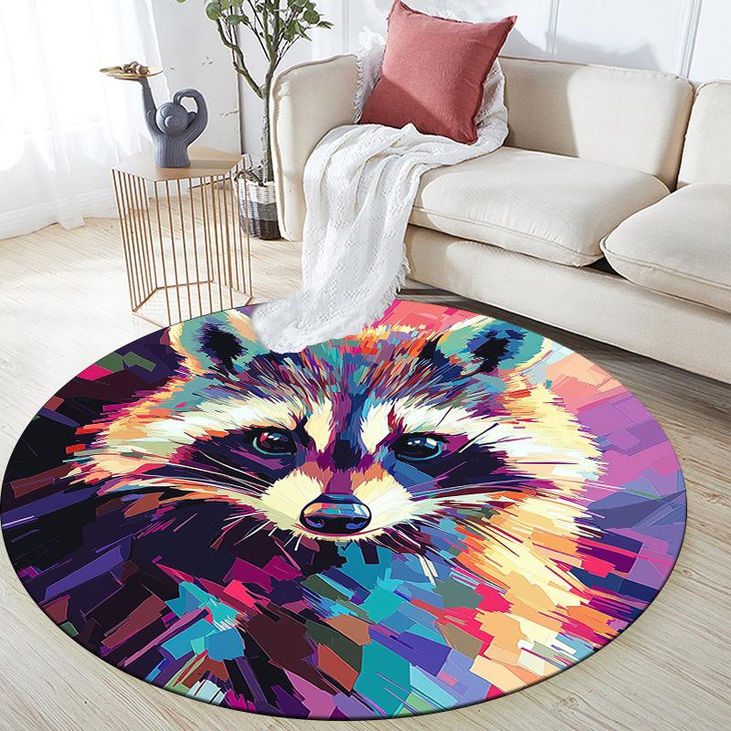 Colorful Raccoon,Round Area Rug,Carpet Rug for Living Room Bedroom Sofa Playroom Decor,Non-slip Floor Mat