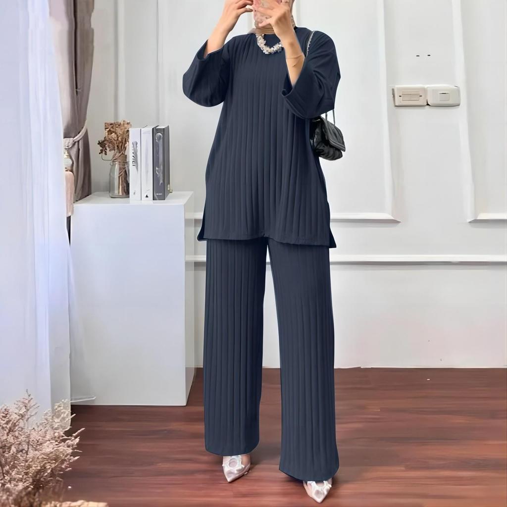 2023 Autumn/Winter Women's Long-Sleeve Top & Wide-Leg Pants Solid Color 2-Piece Casual Sportswear Set