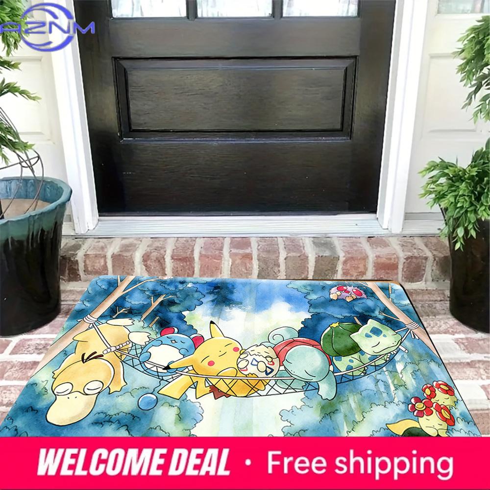Pokemon Characters Hammock Watercolor Print Non-slip Doormat, Soft Absorbent Floor Rug for Home Decor
