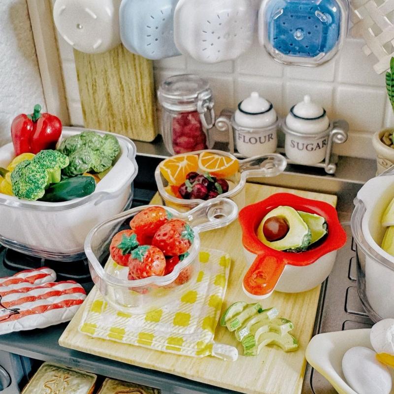 4Pcs Miniature Dollhouse Kitchen Accessory Set Realistic Tiny Fruit Vegetable Washing Basket Basin for DIY Doll House Scene Decor