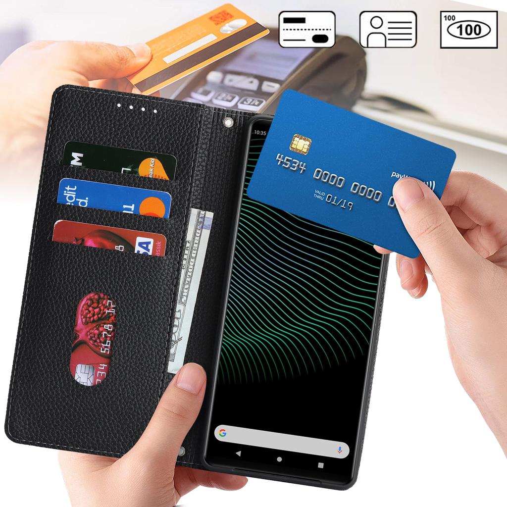 For Sony Xperia 1 IV 5G Case Stand Wallet Litchi Texture Leather Flip Phone Cover with Strap