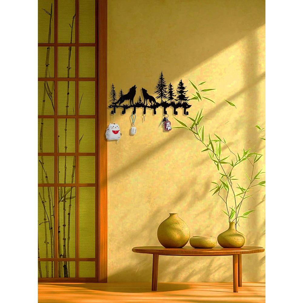Металлический держатель для ключей в деревенском стиле с тематикой волка, настенный органайзер для прихожей с 5 крючками для шляп, шарфов, аксессуаров