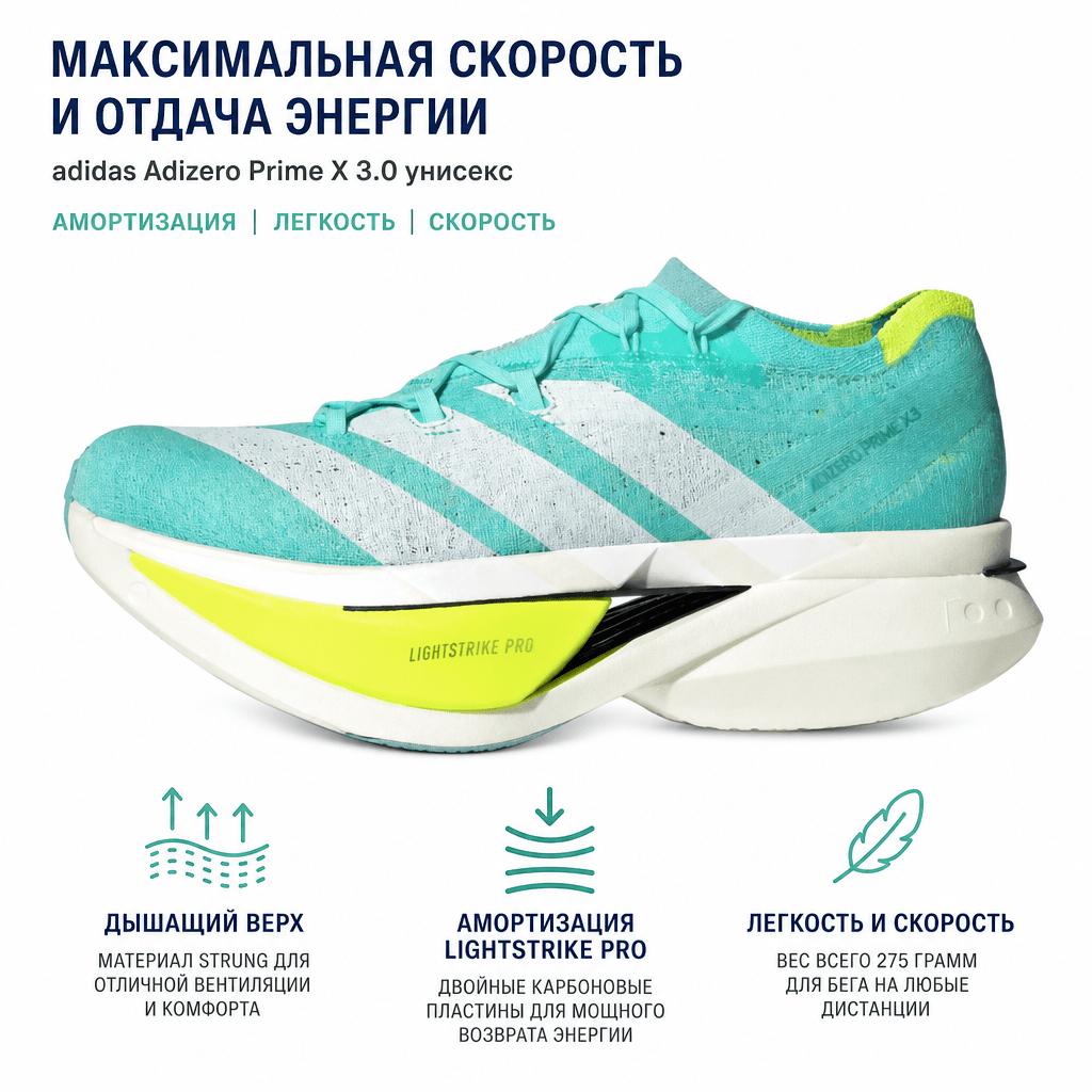 adidas Adizero Prime X 3.0 Strung Flash Aqua Lucid Lemon Унисекс Кроссовки Синий Zero-Metallic JR2598