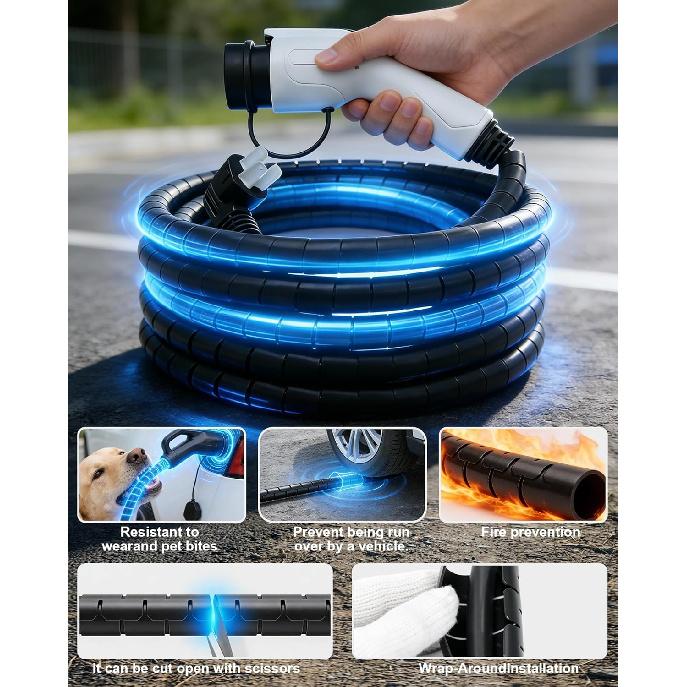 EV Charger Cable Protector 26FT, 7/8 inch Car Charging Cable Flexible Wire Covers Cord Protectors- Durable and Anti-Wear, Prevents Pet Chewing, Door