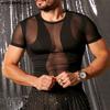 Men O-neck Short Sleeve Patchwork Mesh Sheer See Through T-shirts Clubwear