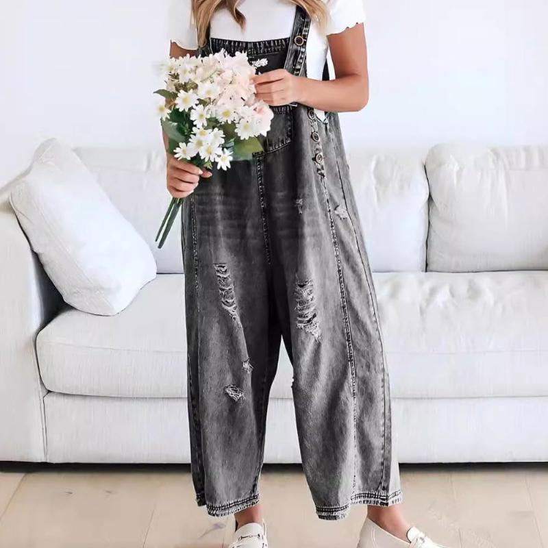 Модные ретро потертые отверстия свободные широкие штанины удобные повседневные джинсовые комбинезоны женские