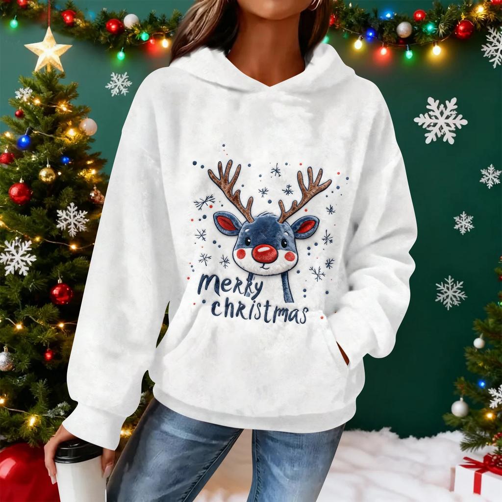 Women's Hooded Long Sleeve Christmas Printed Flannel Top Hooded Sweatshirt