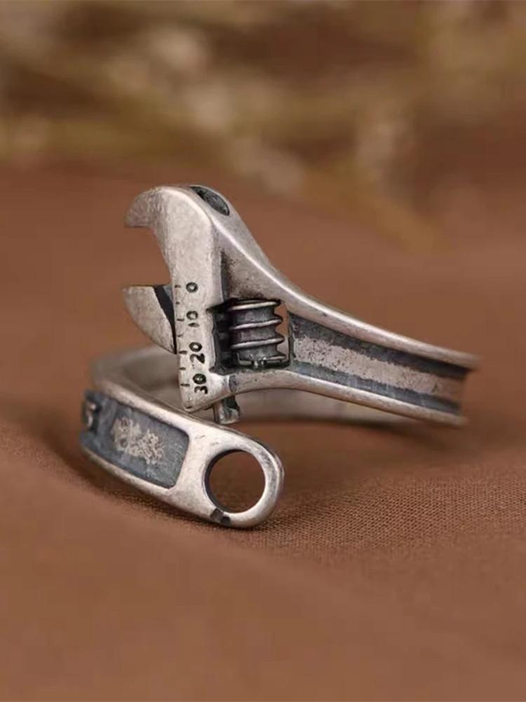 Tool Wrench Open Ring Silver Plated Adjustable Ring Men Motorcycle Bike Riding Hip Hop Rock Trend Jewelry