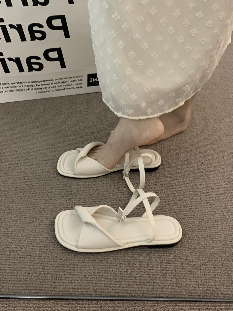 Fairy milky white open-toed sandals female flat-soled soft-soled vacation shoes