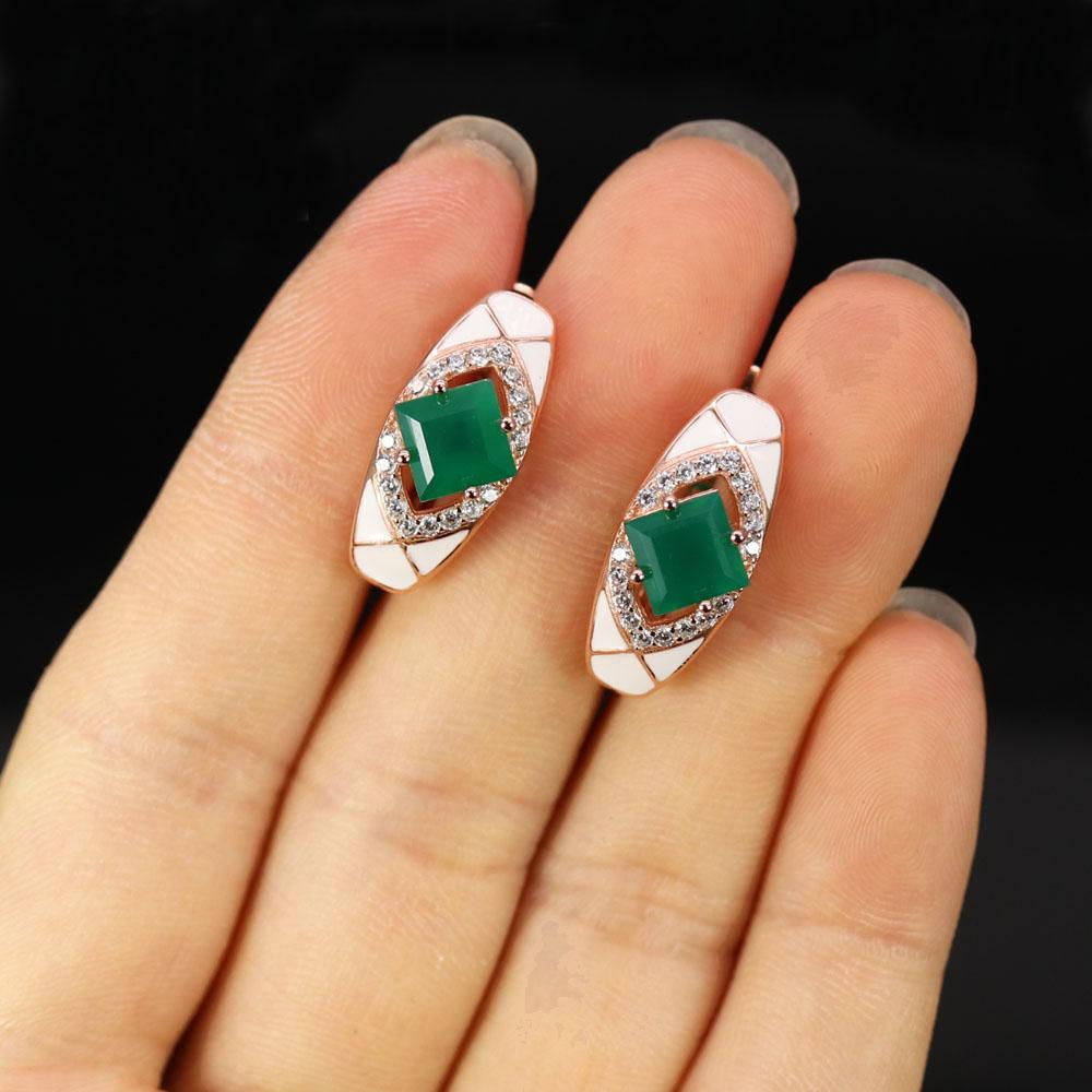 Bolaijewelry Натуральный зеленый агат, стерлинговое серебро 925 пробы, розовое золото, серьги с драгоценными камнями, винтажный дизайн, женский подарок на день рождения, годовщину