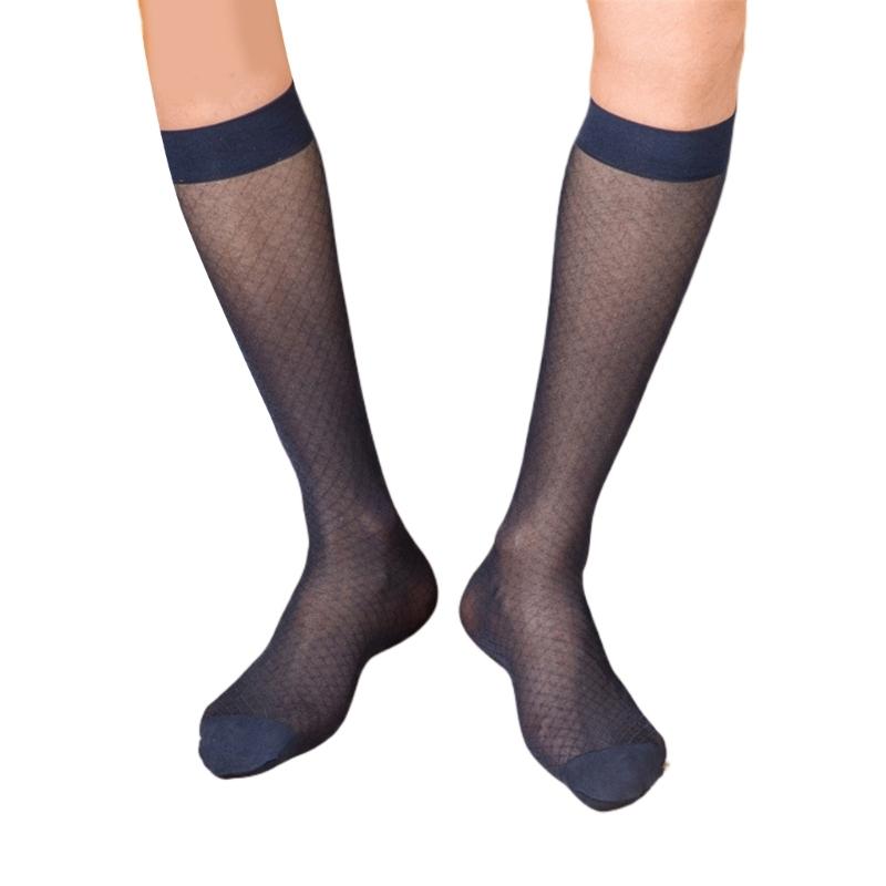 Elegant Mens Sheer Diamond Pattern Dress Socks See Through Nylon Business Formal Wear Thin Long Tube Over the Calf Socks
