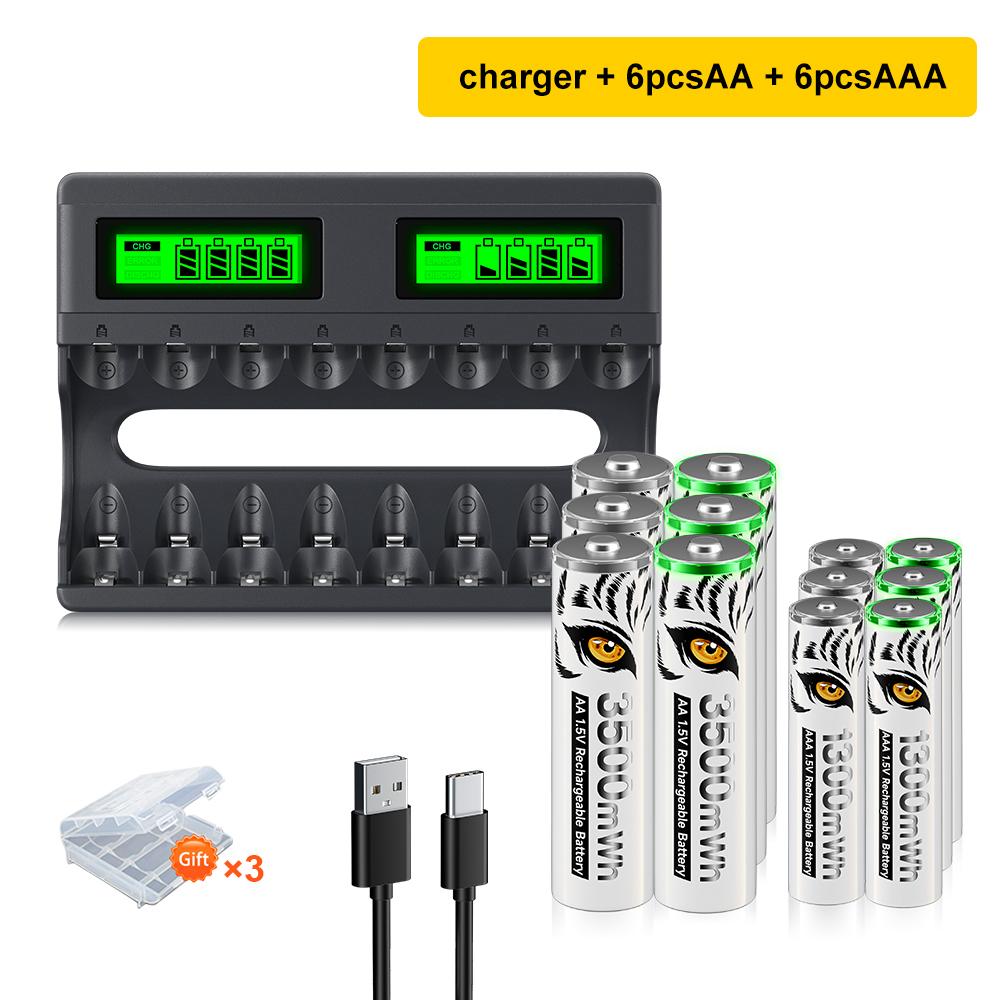 PALO Литий-ионная аккумуляторная батарея AA 3500 МВтч, 1,5 В + литий-ионные аккумуляторы AAA 1300 МВтч, элемент AA AAA 1,5 В с зарядным устройством 1,5 В AAA AA