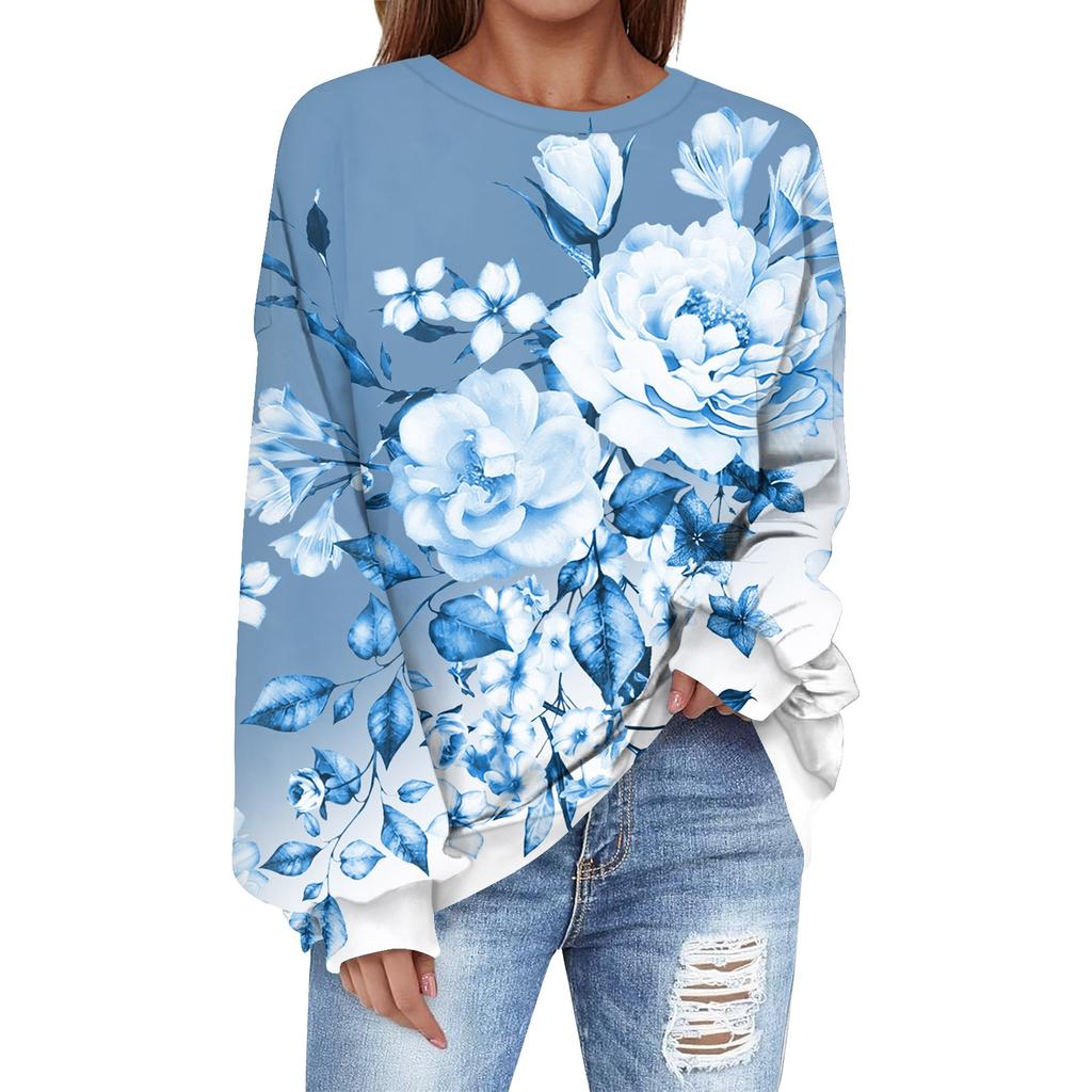Толстовка большого размера для женщин с круглым вырезом и принтом, с длинным рукавом, толстовка