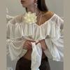 Женские шифоновые рубашки с оборками, белые свободные прозрачные блузки с V-образным вырезом и рукавами-фонариками, весна-лето 2025, женская верхняя одежда для поездок на работу