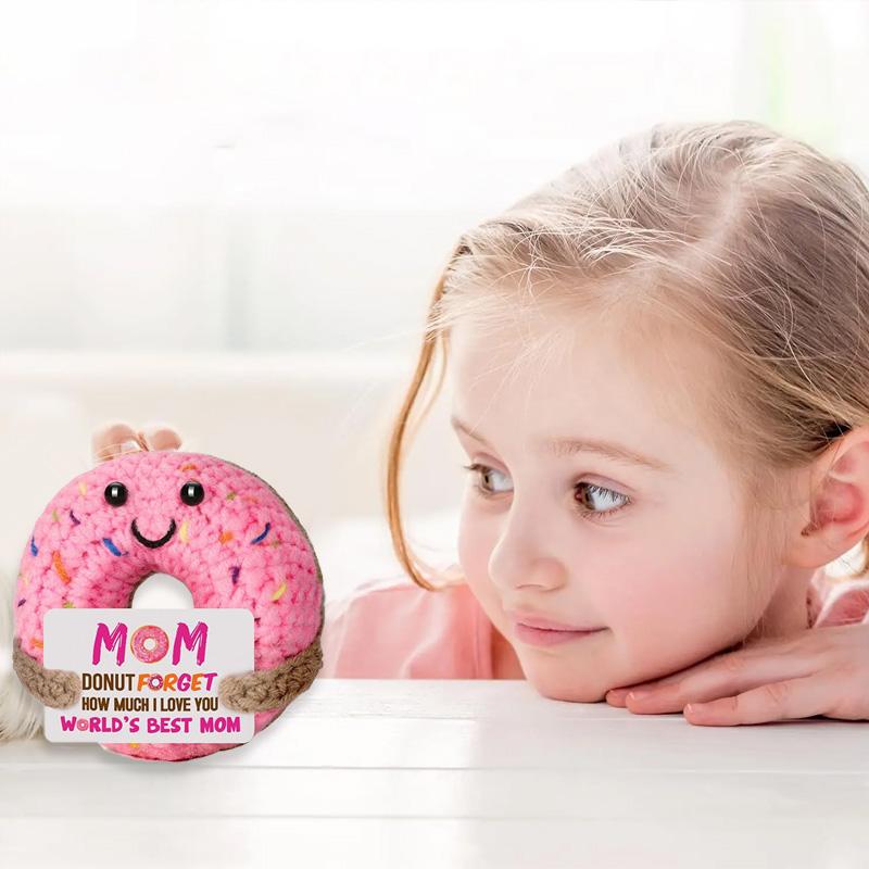 1Pc Positive Energy Funny Doll With Card Knitted Doughnut Handmade Mom's Gifts Crochet Room Decoration