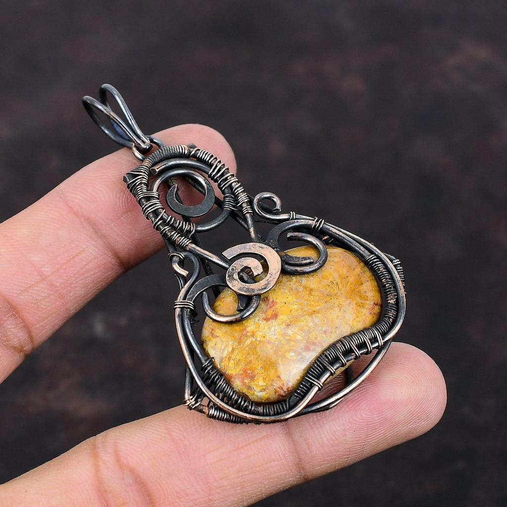 Кулон из ископаемого коралла, кулон в медной проволоке, антикварные медные украшения, кулон ручной работы из настоящего драгоценного камня, ювелирные изделия из ископаемого коралла, подарок на годовщину