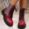 Модные Ретро Красные Блестящие Ботинки для Женщин На Шнуровке Большого Размера Ботильоны Женские Весенне-Осенние С Круглым Носком На Толстой Подошве Botas Mujer