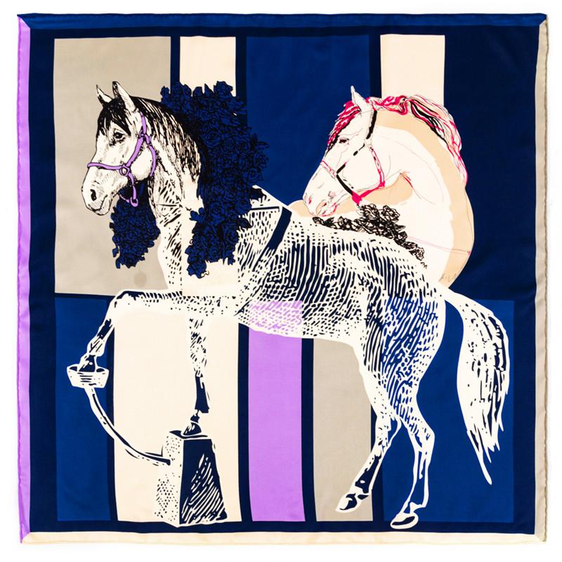 POBING Manual Hand Rolled Twill Silk Scarf Women Horse Print Square Scarves Echarpes Foulards Femme Wrap Lady Bandana Hijab 90CM