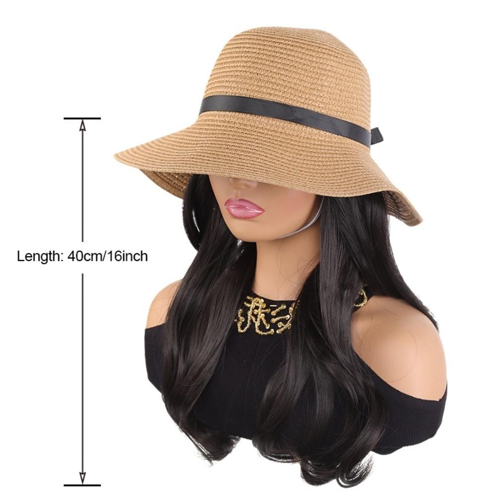 Wide Brim Fisherman Hat with Built-in Wig Sun Protection Long Wavy Curly Hair Vacation Accessory