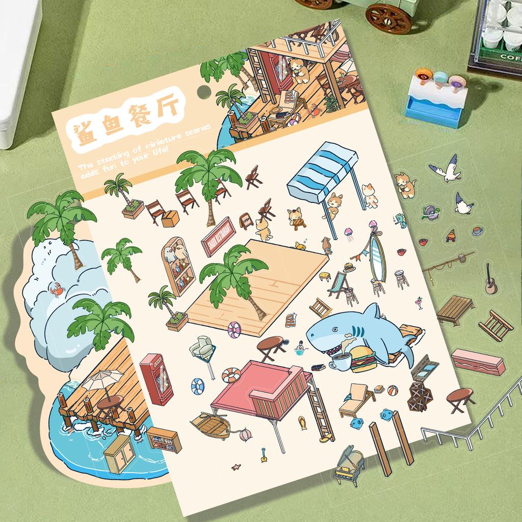 Мультяшный Большой Ландшафтный Мультяшный Акула Сцена Ресторана Наклейка 3D Миниатюрный Мир Декомпрессия Сделай Сам Сцена