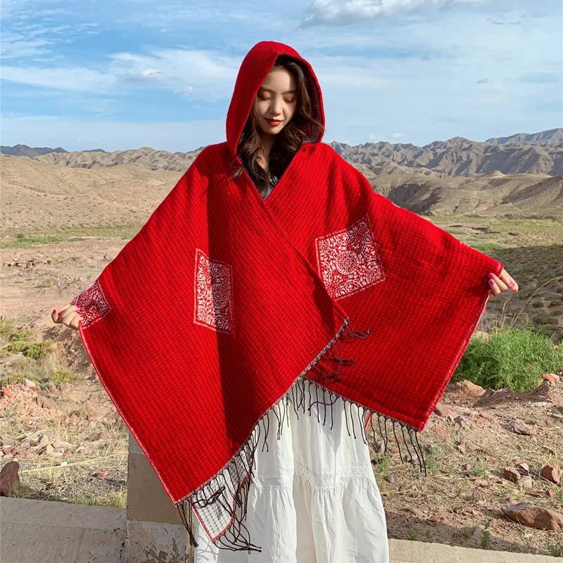 21 Style Big Pendulum Cloak With Hat Arabic Poncho Women Leopard Pocket Shawl Cape Knitted Middle East Split Thick Warm Blanket