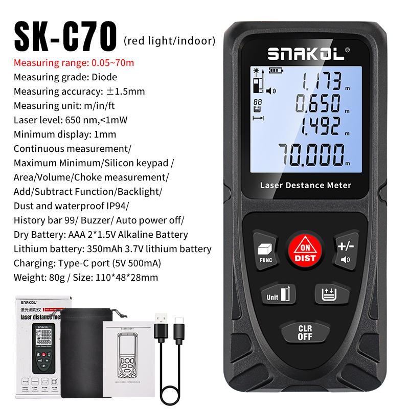 Snakol Laser Distance Meter 50m 70m 100m 120m Цифровой дальномер Аккумуляторная лазерная рулетка Электронная линейка