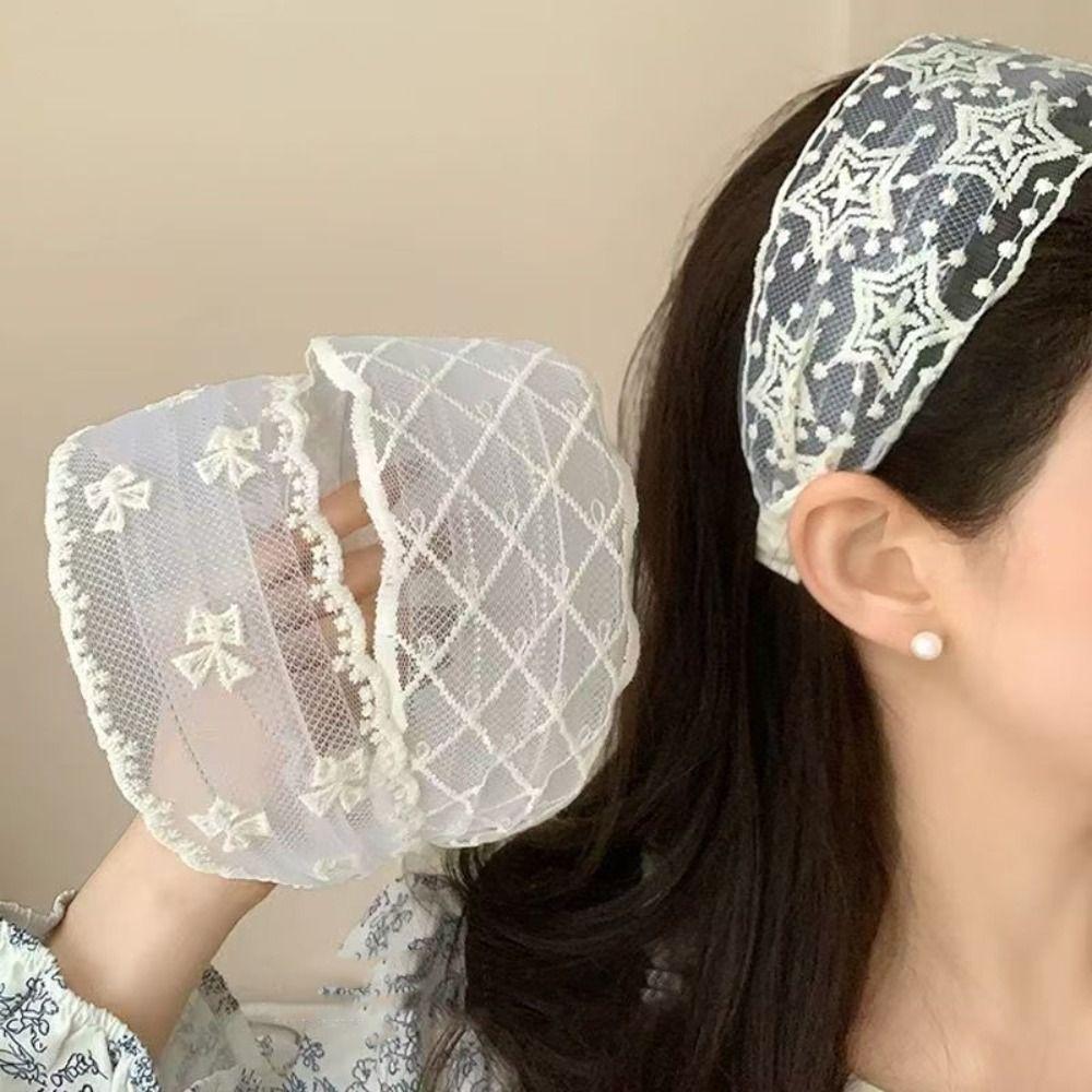 Bowknot Bow Hair Band Wide Edges Mesh Hair Hoop All-match Embroidery Lace Headband Headwear