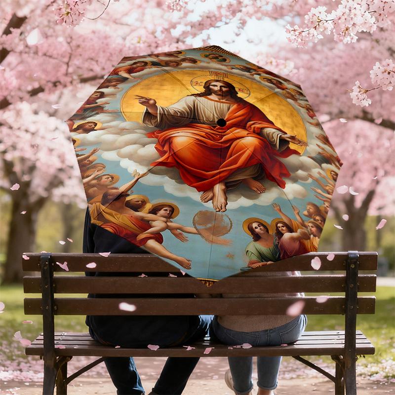 1pc Jesus Christ, Heavenly Realm Automatic Open/Close Umbrella with Windproof, 8-Rib Sturdy Canopy, Durable Ribs, Fashionable Design1192A