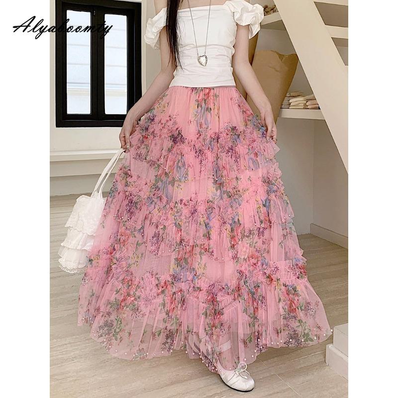 Корейский стиль весна-лето женская юбка миди с оборками абрикосовый цветной принт многоуровневая юбка элегантная женственная бисерная вечерняя принцесса юбки женские