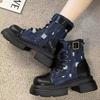 Martin Boots Women's Autumn and Winter New Old Lace-up Thick Heel Denim Locomotive Boots Tooling Medium Boots