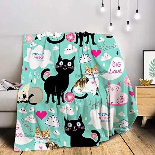 Cute Cat Kawaii Animal Design Flannel Throw Blanket Lightweight Warm Cozy Gifts for Kid and Adults Gift Suitable Couch Bed Chair