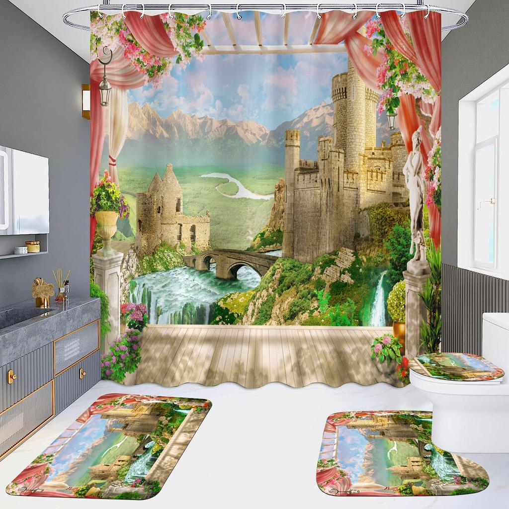 4 шт., наборы занавесок для душа в европейском стиле с архитектурой замка Мандала для ванной комнаты, нескользящие коврики для ванной комнаты, крышка для унитаза, коврик для ванной