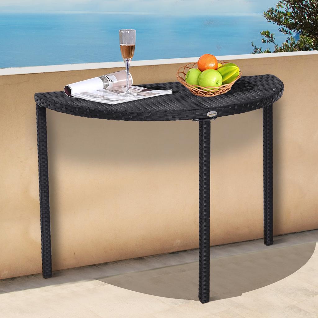 Balcony Table, Garden Side Table, Garden Furniture, Semicircular, Polyrattan, Metal, Black, 100 x 50 x 74 cm