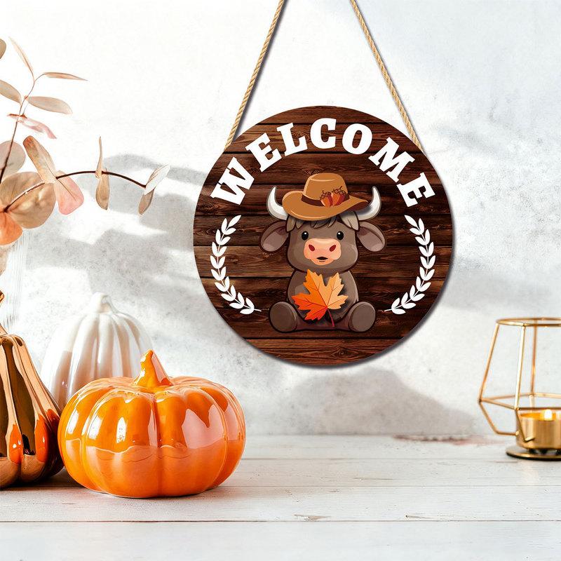 Wooden Interchangeable Upland Cow Welcome Sign with 35 Detachable Accessories Rustic Seasonal Home Decor Hanging