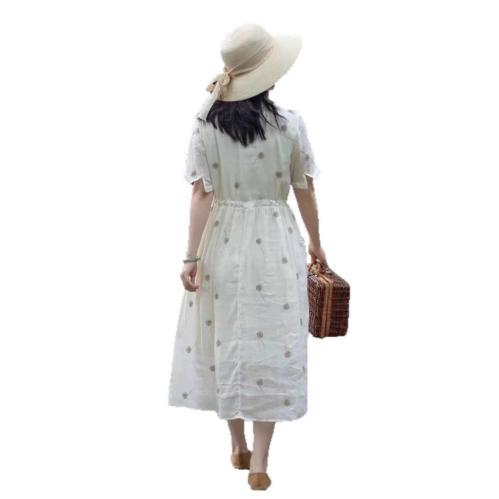 Вышитое хлопково-льняное платье-рубашка женское 2025 лето новая легкая роскошь высокий класс отложной воротник короткий рукав темперамент длинное платье
