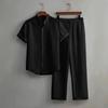 Men's Button Textured Casual Striped Short Sleeved Shirt and Elastic Straight Leg Pants Set, 2-piece Set