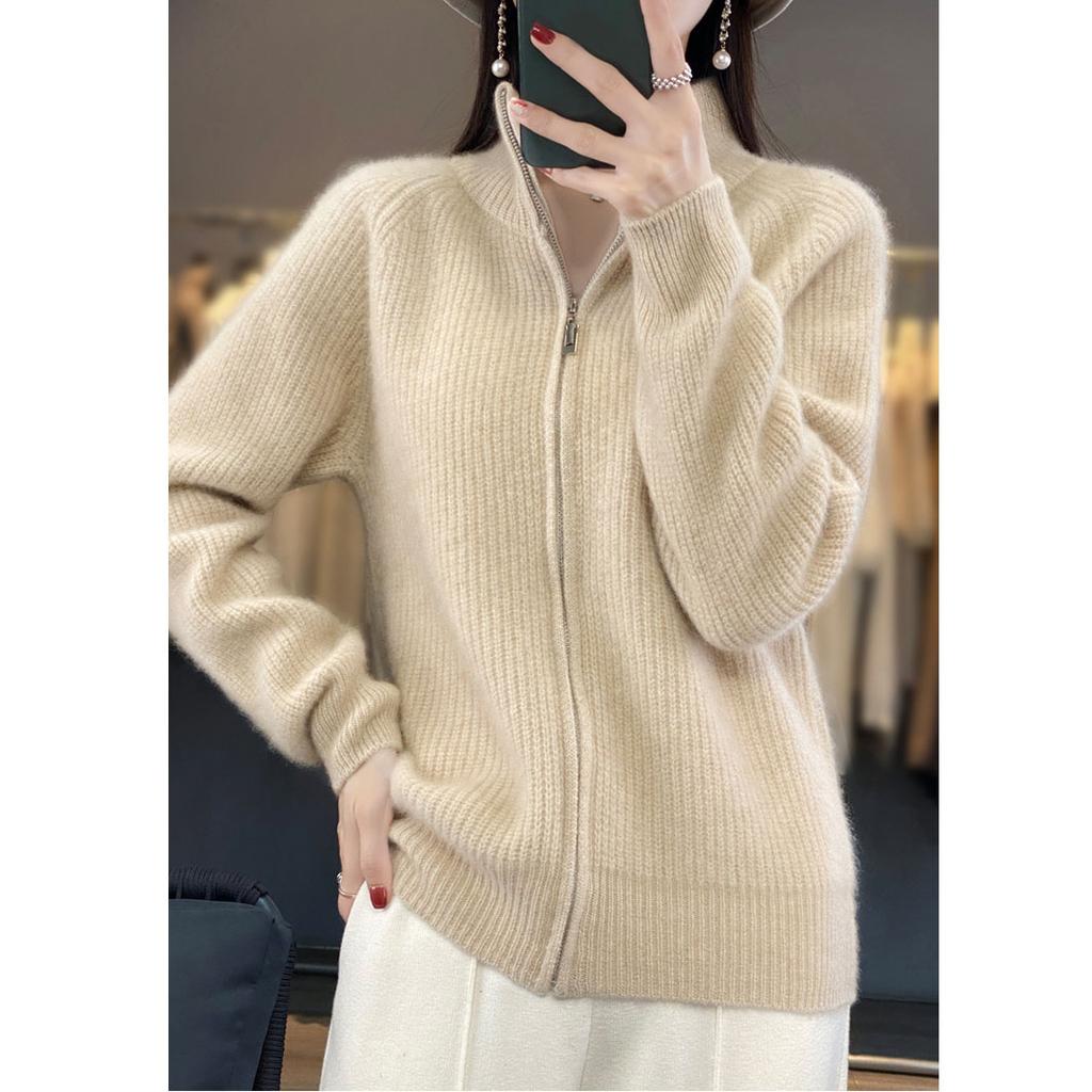 Autumn High Neck Zipper Knitted Cardigan Women's Wool Zipper Cardigan Padded Shoulder Stand Collar Women's Cashmere Knitted Coat Lapel Sweater